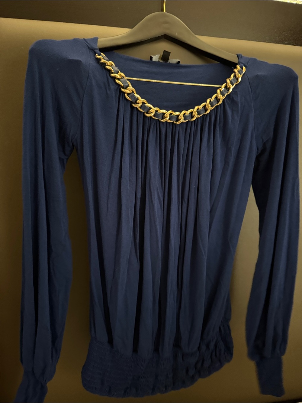 Sky Navy Long Sleeve Jersey with Gold Chain Detail